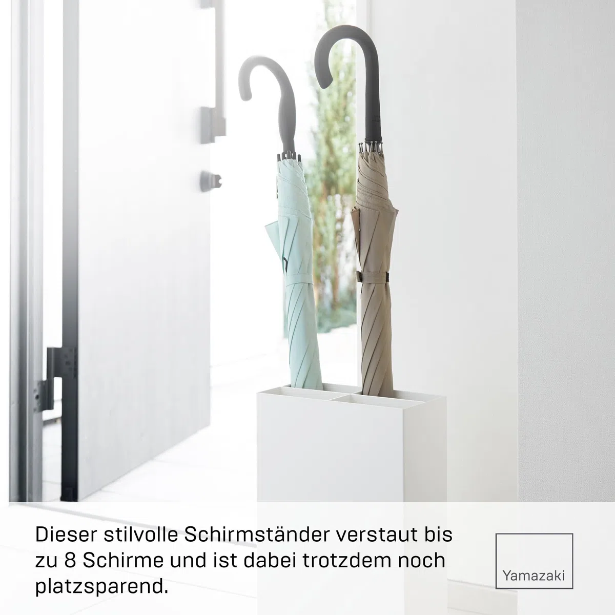YAMAZAKI SMART Breiter Schirmständer aus Stahl - bis zu 8 Schirme, mit Abtropfschale, schmal - 12 x 23,5 x 36 cm, Japanisches Design, weiß