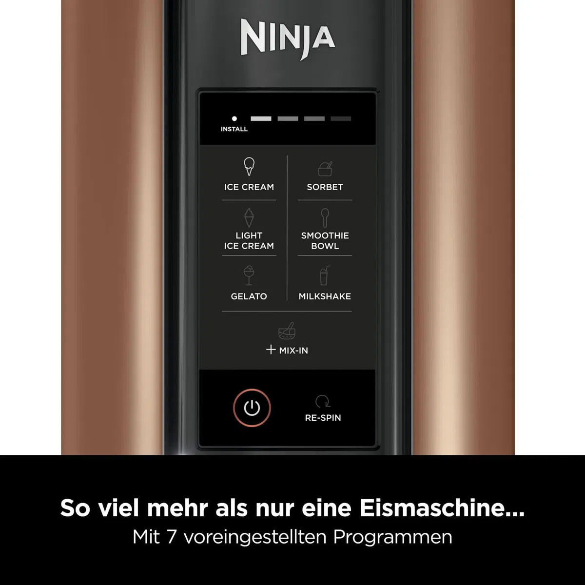Ninja CREAMi Eismaschine & Frozen Dessert Maker mit 3 Behältern, 7 Programmen, macht Eiscreme, Gelato, Sorbet, Smoothie Bowl, Milchshakes und mehr, macht 1,4 L Eiscreme, Schwarz & Kupfer, NC300EUCP