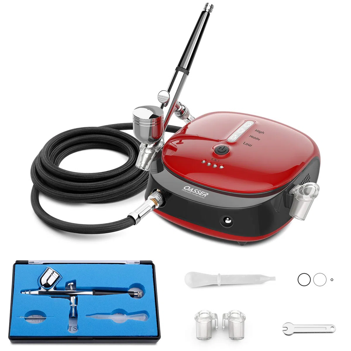 Oasser Airbrush Set Kompressor Dual Action 3 Modi wiederaufladbarer 1000mAh Akku 0,3mm Düse 7CC Tasse Airbrush Pistole für Modell Kosmetik Lackierung Rot