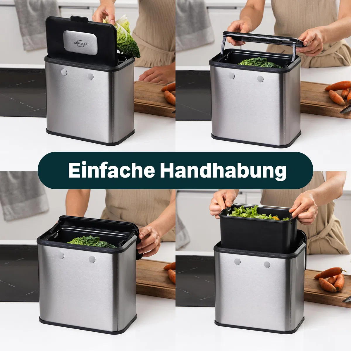 SILBERTHAL Biomülleimer Küche klein - 4L - Edelstahl - Mit Deckel - Geruchsarmer Komposteimer für die Küche - Mit Aktivkohlefilter - Innenbehälter spülmaschinenfest