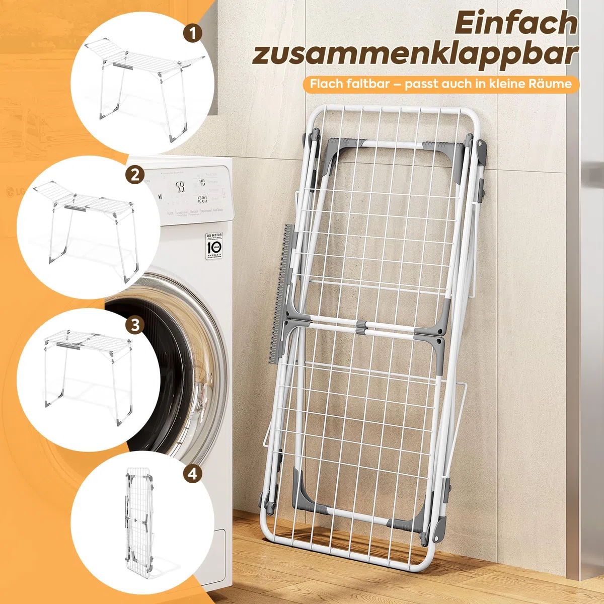 KINGBOARD Wäscheständer klappbar groß, Flügelwäscheständer ausziehbar 174x97x156 cm, Stabiler Wäschetrockner Ständer mit rutschfesten Füßen, Standtrockner faltbar für Innen und Außen, Weiß