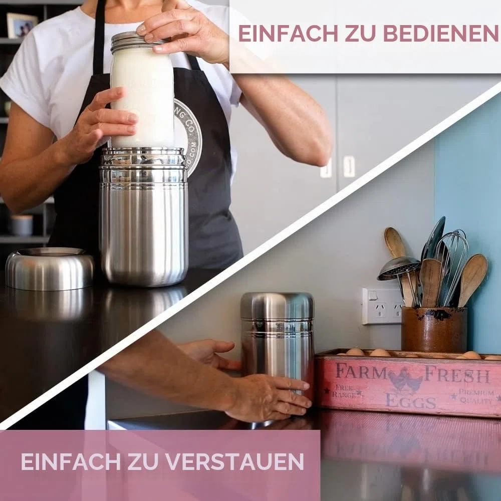 Joghurtbereiter aus Edelstahl mit 1 Quart Glas und komplettem Rezeptbuch für 12+ einfache hausgemachte milchfreie und Milchjoghurts