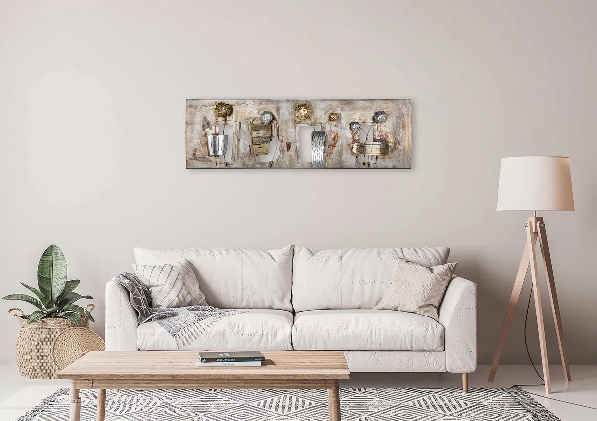 House of Arts | Metallbild 'Planteuse' | Moderne Wanddekoration mit Blumen | Wandbild 3D Wandrelief | Wanddeko Hergestellt in Handarbeit aus Metall | 120 x 40 cm | Bronze Silber Gold