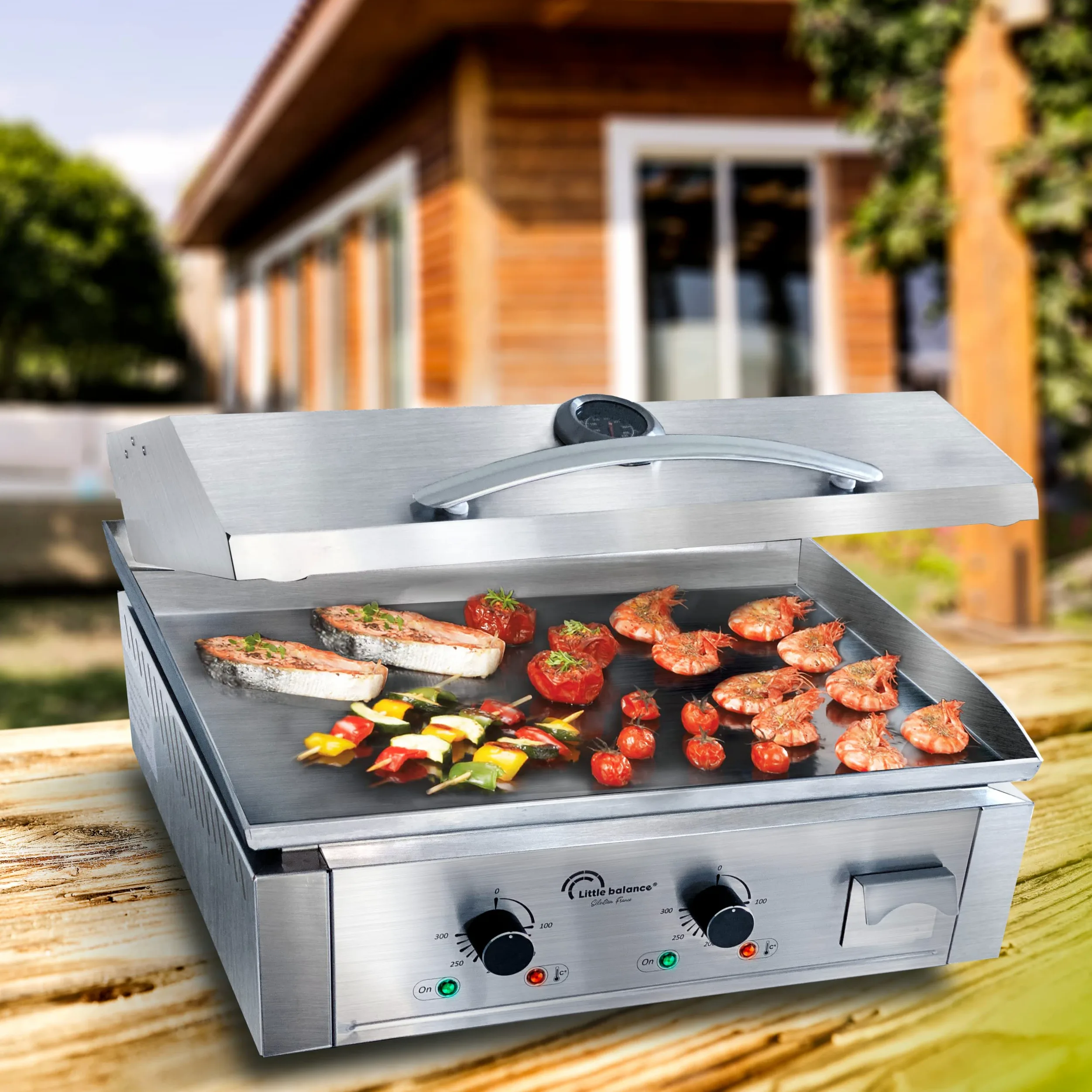 LITTLE BALANCE 8473 Aquitaine Pro Plus, elektrische Grillplatte, 2 Kochzonen, Deckel, 3500 W, hergestellt in Frankreich, komplett Edelstahl