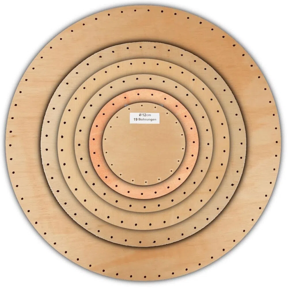 Korbflechtböden rund 6er Set [5] | Ø 12–40 cm | Flechtböden aus Sperrholz mit Bohrungen (3,2 mm) für Peddigrohr | Bastelset Korbflechten, DIY Stakenboden