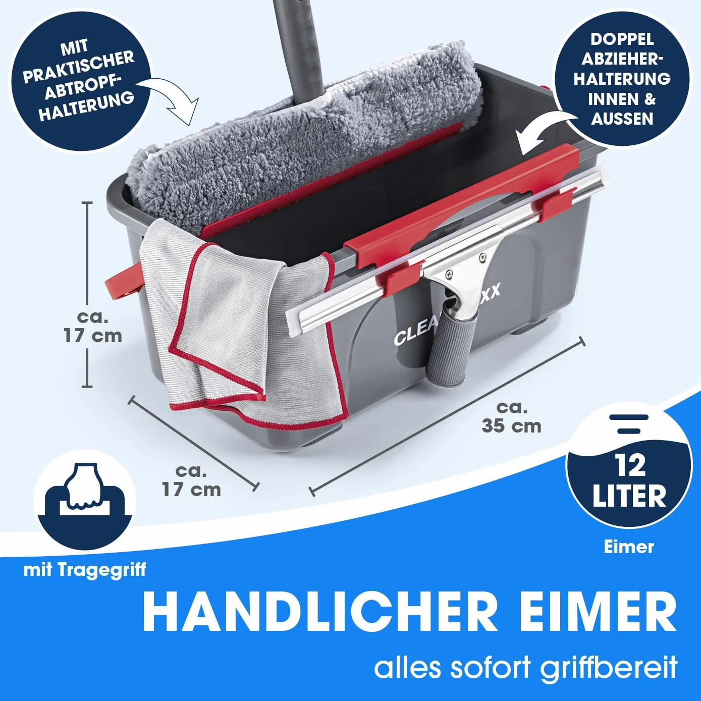 CLEANmaxx Fensterreiniger Set | 7-TLG. Fensterputzer Set für Oberflächen in Haus & Auto - inklusive Fensterabzieher, Fensterwischer, Reiniger, Wischtuch, Eimer und Halterungen für Wischer & Abzieher
