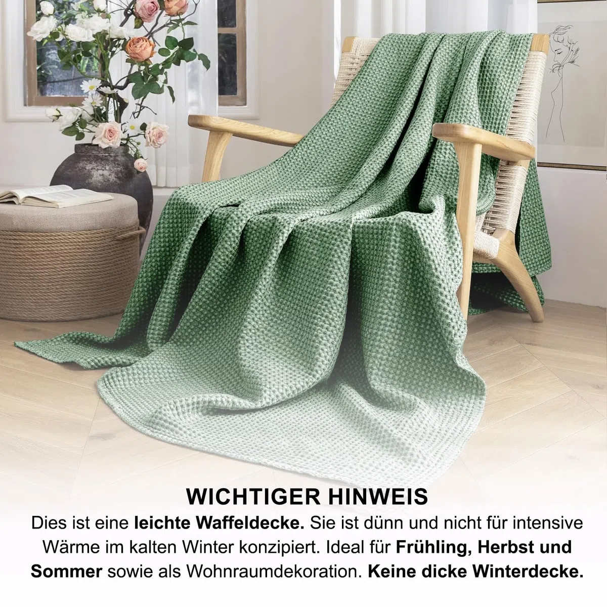 Tagesdecke 100% Baumwolle Waffeloptik 150x200cm Grün Atmungsaktiv Bettüberwurf Couchüberwurf