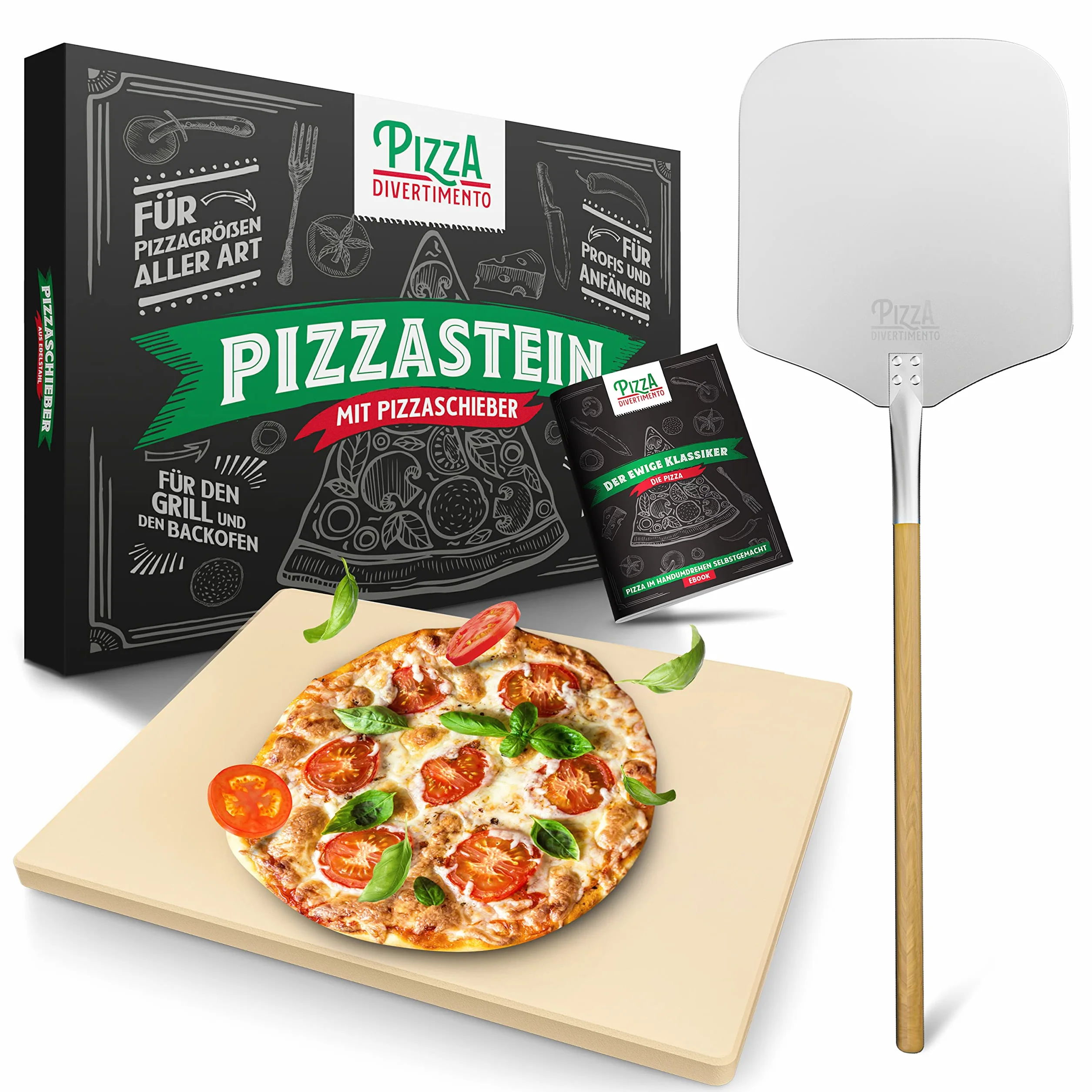 Pizza Divertimento - DAS ORIGINAL - Pizzastein für Backofen & Gasgrill – inkl. Pizzaschieber – Vergleich.org ausgezeichnet - Pizza Stein – Für knusprigen Boden & saftigen Belag - Inkl. e-Rezeptbuch