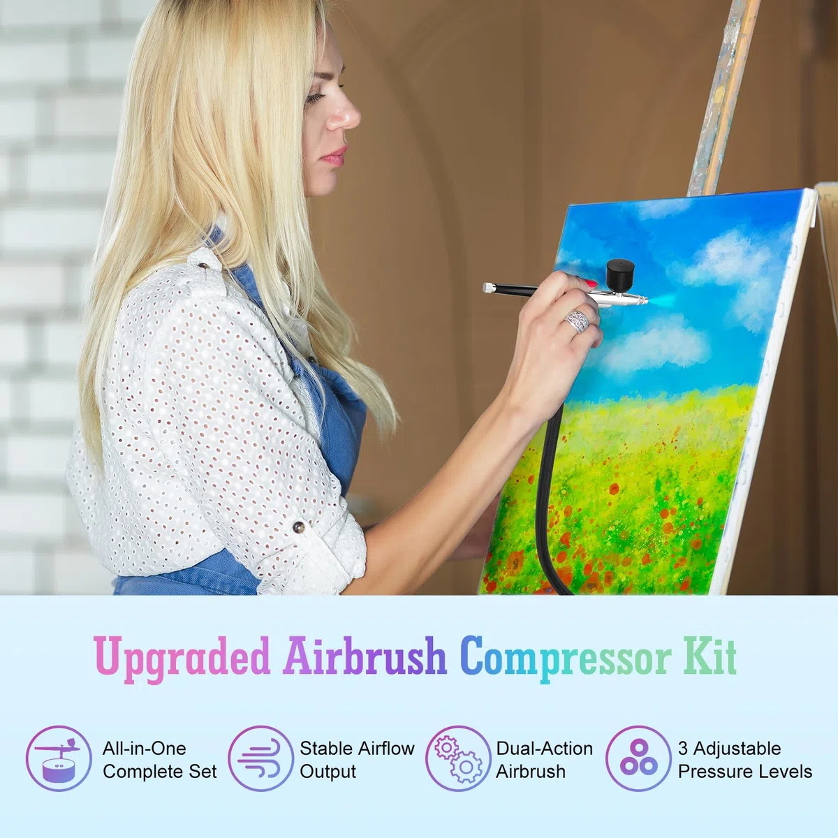 Airbrush Set mit Kompressor, 3 Druckstufen (28/35/46 PSI), Airbrush Pistole mit 3 Düsen (0,2/0,3/0,5 mm), Perfekt für Modellbau, Nailart, Make-up, Tortendeko & kreative DIY-Projekte