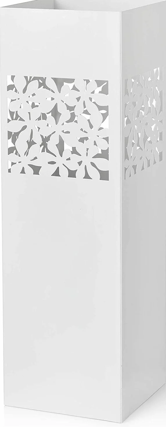 Baroni Home Quadratischer Schirmständer aus Metall mit rechteckige Blumenschnitzung, mit zwei Haken und abnehmbarer Regenschale, Weiß, 15,5x15,5x49 cm