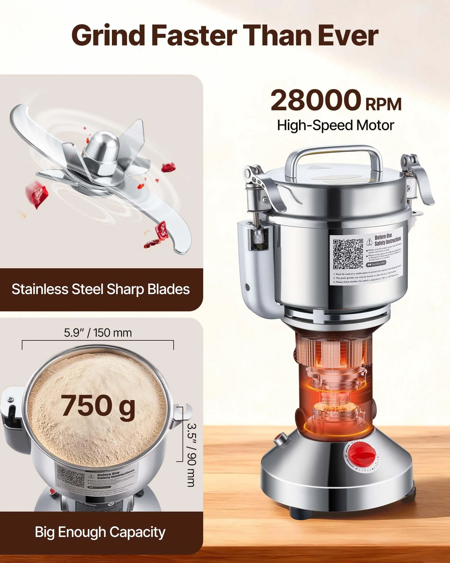 VEVOR elektrische Getreidemühle tragbare Hochgeschwindigkeits-Gewürzmühlen kommerziell 750 g 2000 W, Pulverisierer aus Edelstahl, 28000 U/min für trockene Körner Gewürze Müsli Kaffee Mais Pfeffer