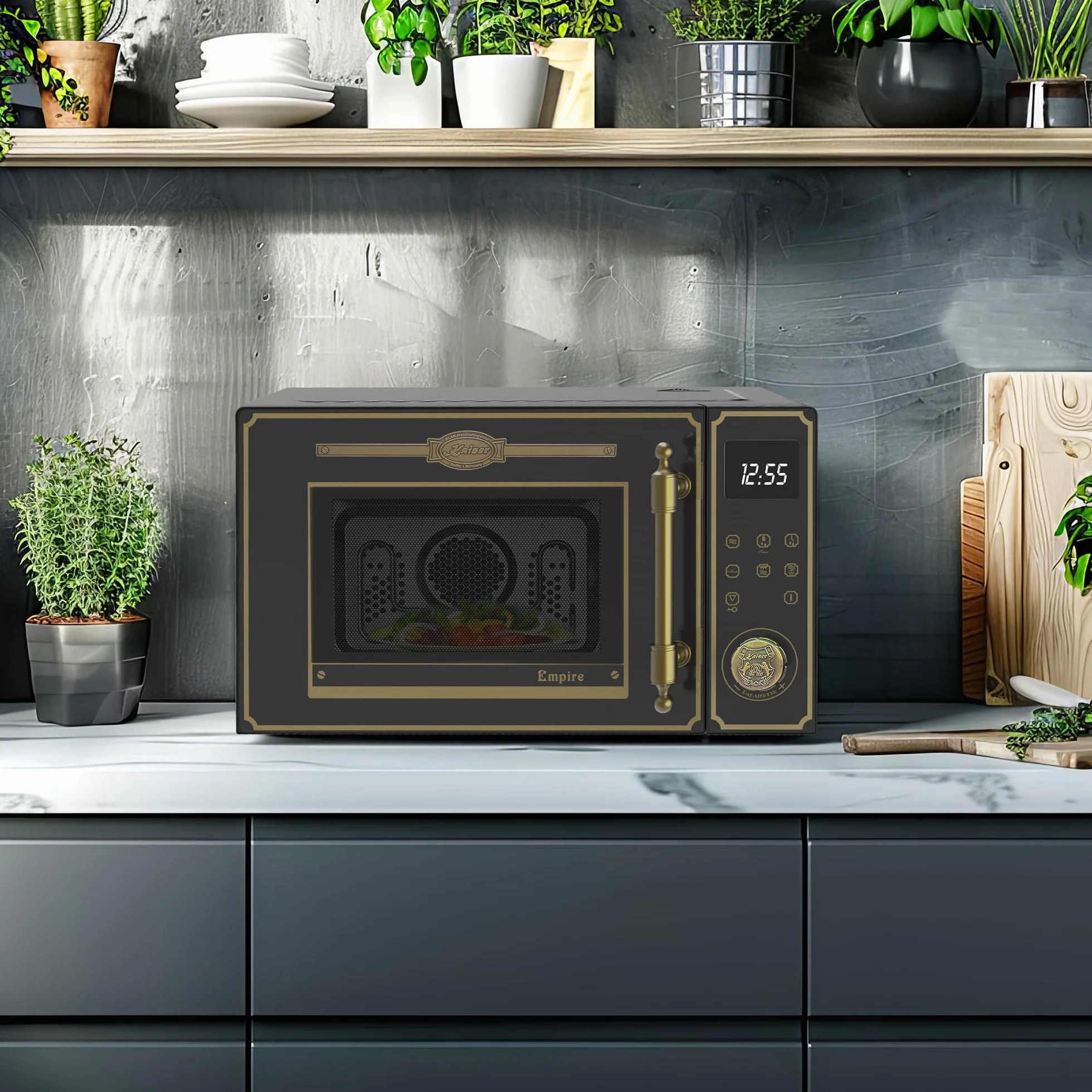 Kaiser Empire M 2530 Em Retro Mikrowelle in Schwarz | 25L | 1200W Grill | 2200W Heißluft | FullTouch-Bedienung mit Drehknebel | Glasfront | Türgriff aus echtem Metall Bronze | 25 Funktionen