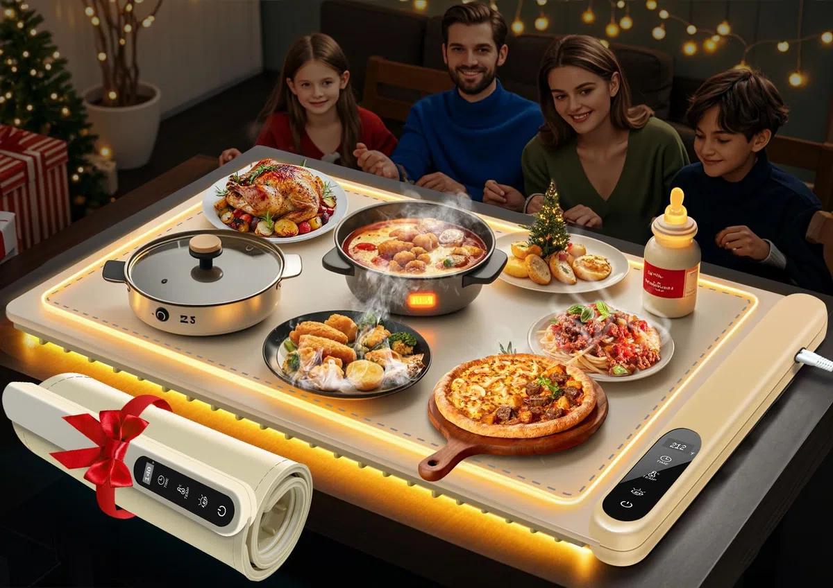 KingSom Warmhalteplatte Elektrisch mit Licht, Faltbare Speisenwärmer, Einstellbarer Temperatur 50-100°C & 1-6H Timer, Faltbare Silikon & Schnelle Erwärmung, Wärmeplatte Essen für Buffet,Familienfeiern