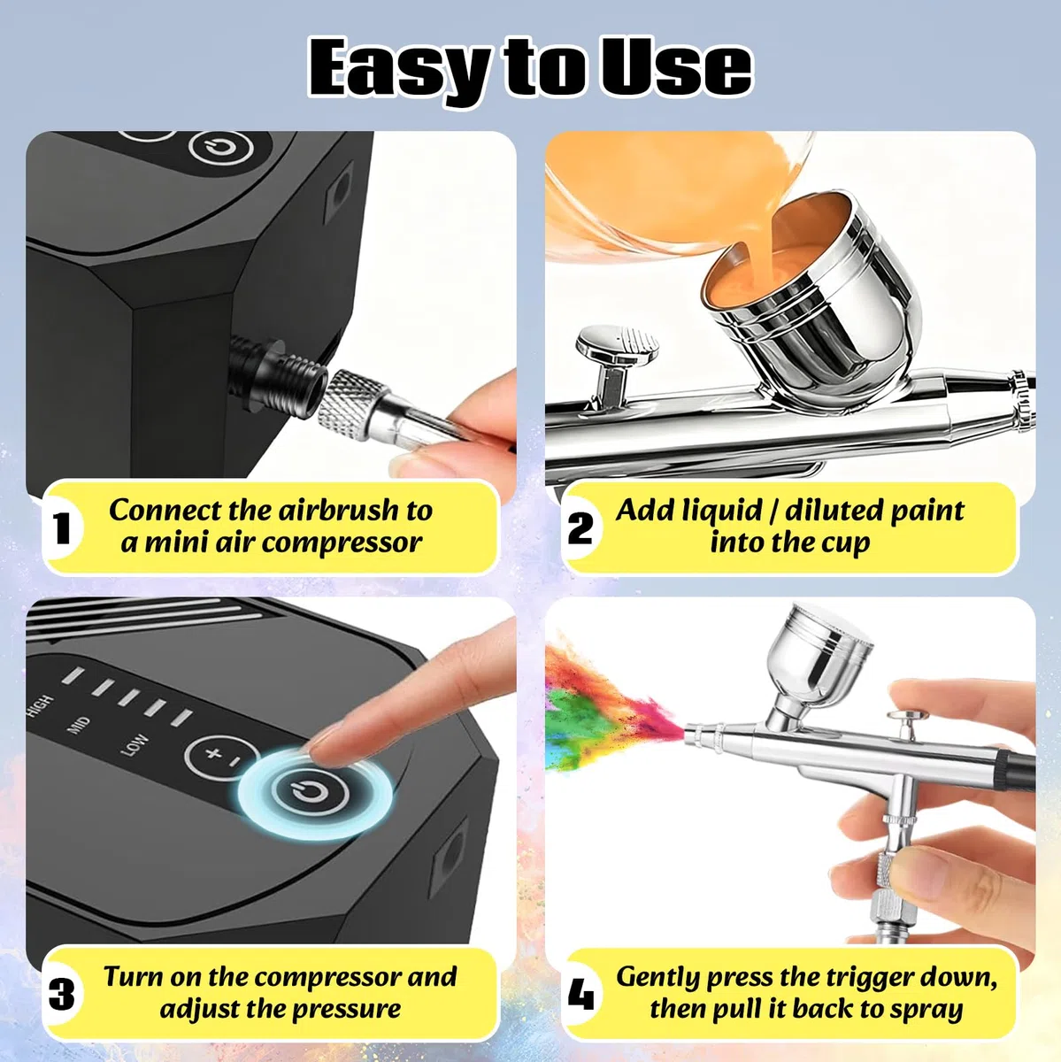 Airbrush Set mit tragbarem Kompressor, 3-stufiger Luftdruck (28-48 PSI) & 3 Düsen (0,2/0,3/0,5 mm),12W Double-Action Airbrush-Pistole für Modellbau, Make-up, Nailart & Tortendeko