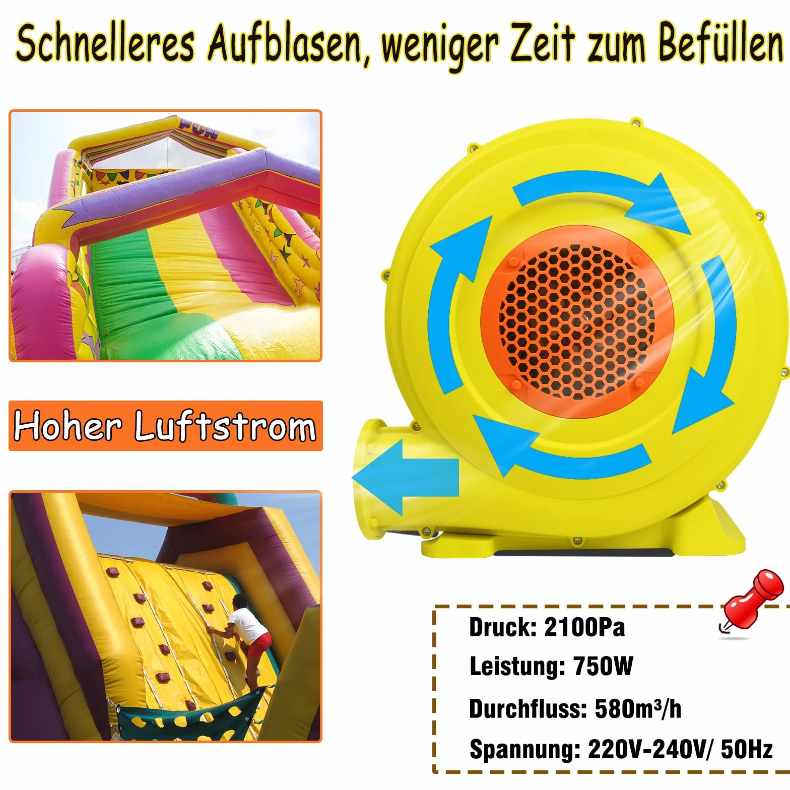 NAIZY Gebläse 750W Luftgebläse elektrische Hüpfburg Gebläse mit Bodennägel Radiallüfter 220V-240V Turbogebläse Gebläsepumpe für Aufblasbare Spielzeuge Hüpfburg Turbolüfter, 2100Pa 580m³/h