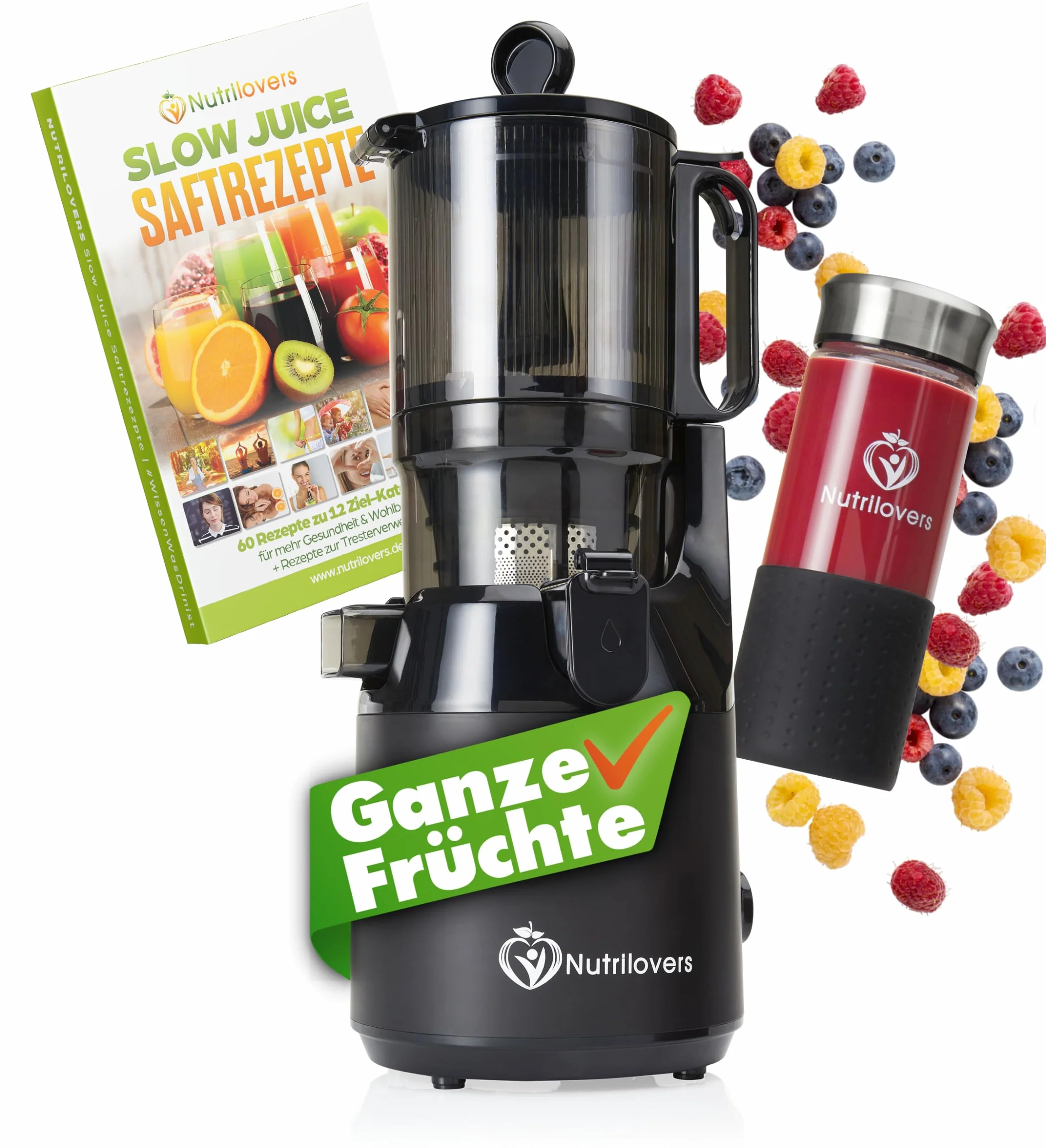 Nutrilovers Slow Juicer NUTRI-PRESS MAX Ganze Früchte entsaften Entsafter mit XXL 135 mm Öffnung, BPA-frei inkl. Saft-Flasche, Slow Juice Rezeptbuch