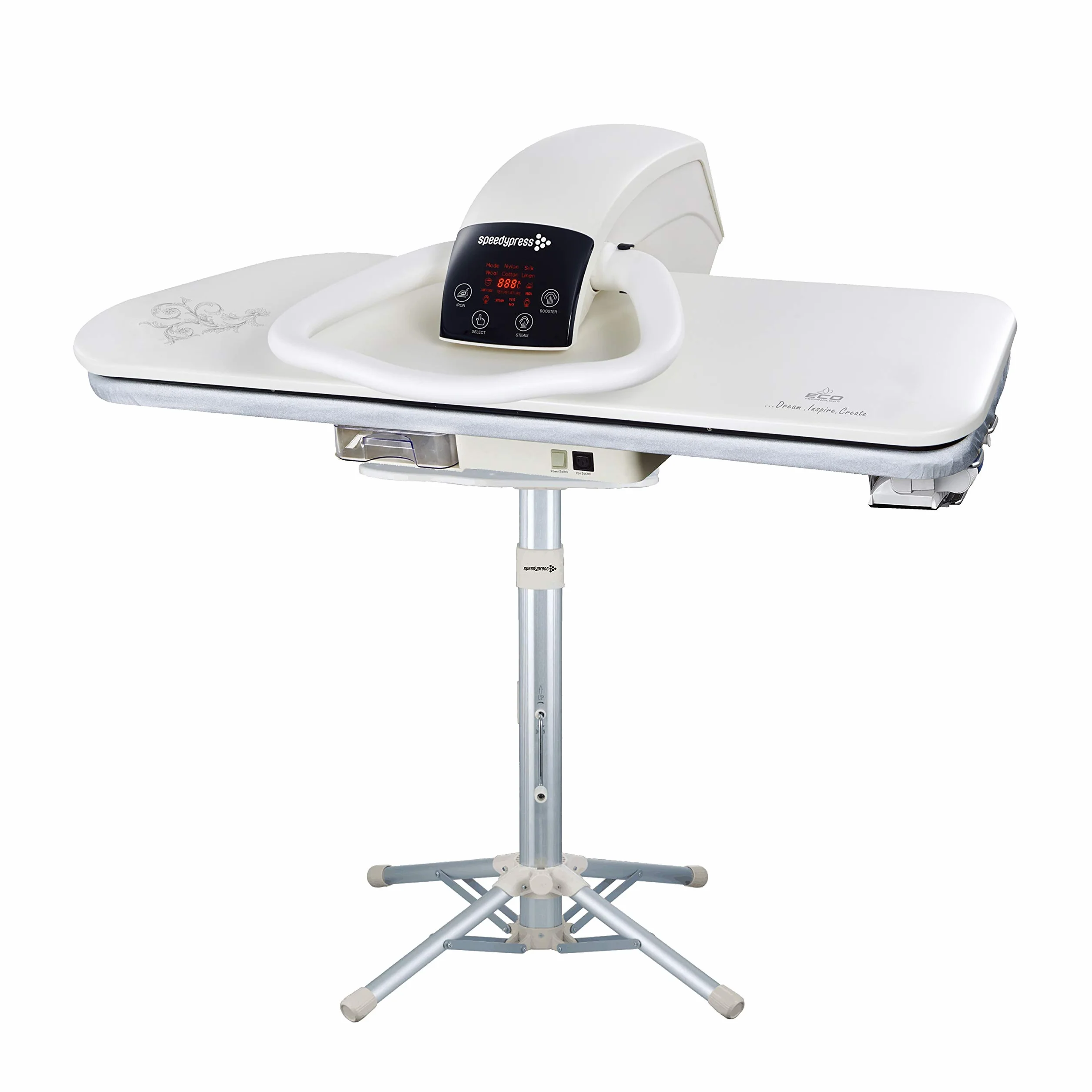 Speedypress Dampfbügelpresse 101HD weiß, strapazierfähig, professionell, 101 cm, mit Ständer von Speedypress (+ kostenloser Bügelaufsatz, Antikalk-Wasserfilter, Ersatzbezug und Schaumstoffunterfilz)