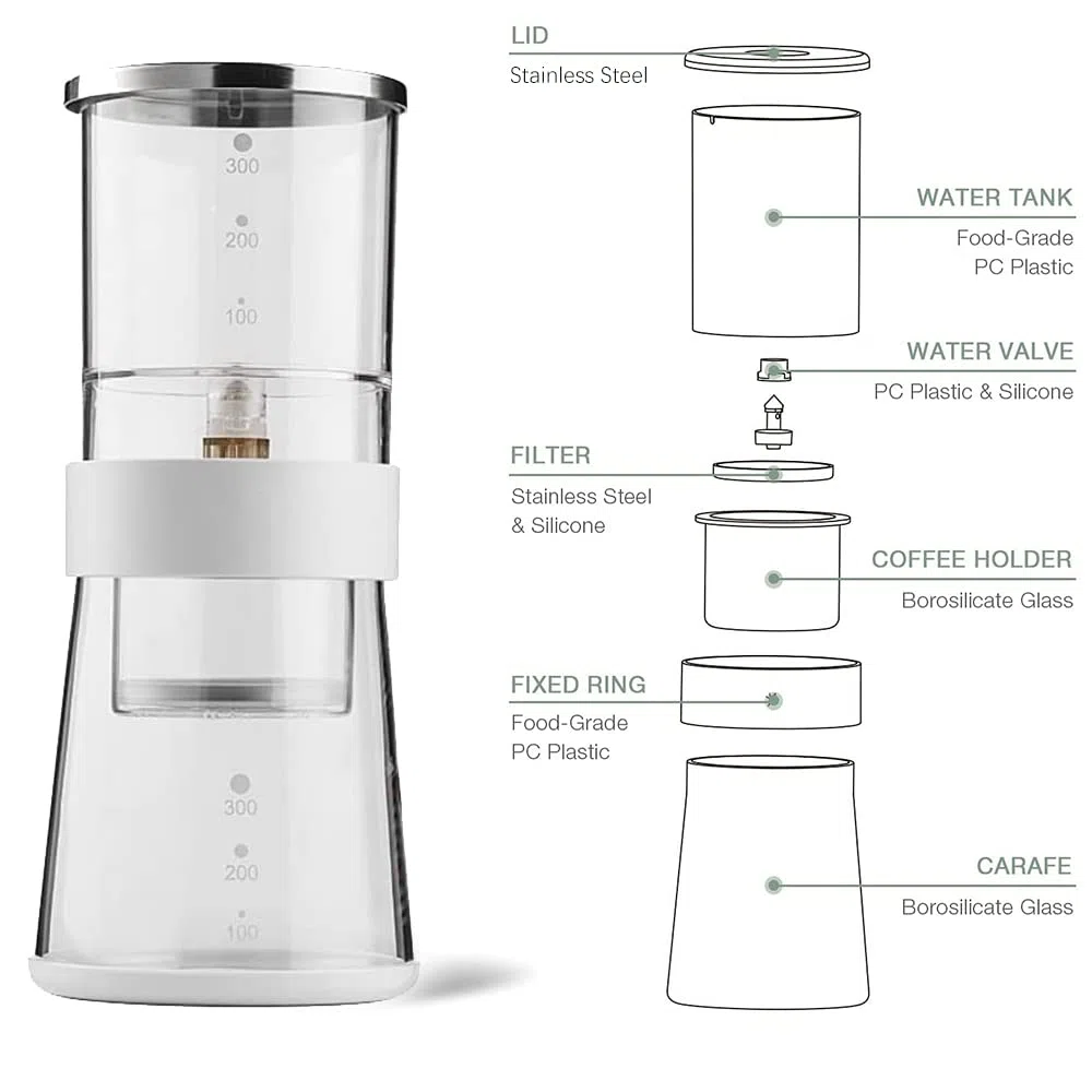 Ice Drip Kaffeemaschine, 400 ml, kaltgebrühter Kaffee, glatter Tropfer, langsamer Kalttropfen, Eiskaffeekonzentrat, Brauer mit einstellbarem Wasserfluss, Edelstahlfilter
