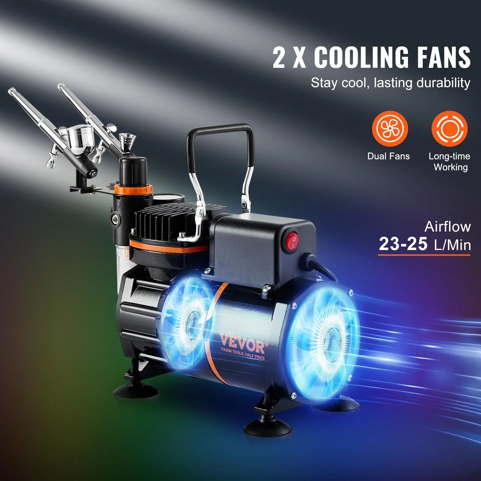 VEVOR Airbrush-Set, Luftkompressor mit Doppellüfter, professionelles Airbrush-System-Set mit 3 Airbrushes, Halter, Farbmischrad, Reinigungsbürsten-Set, Airbrush-Set für Kunst, Nägel, Kekse, Make-up, K