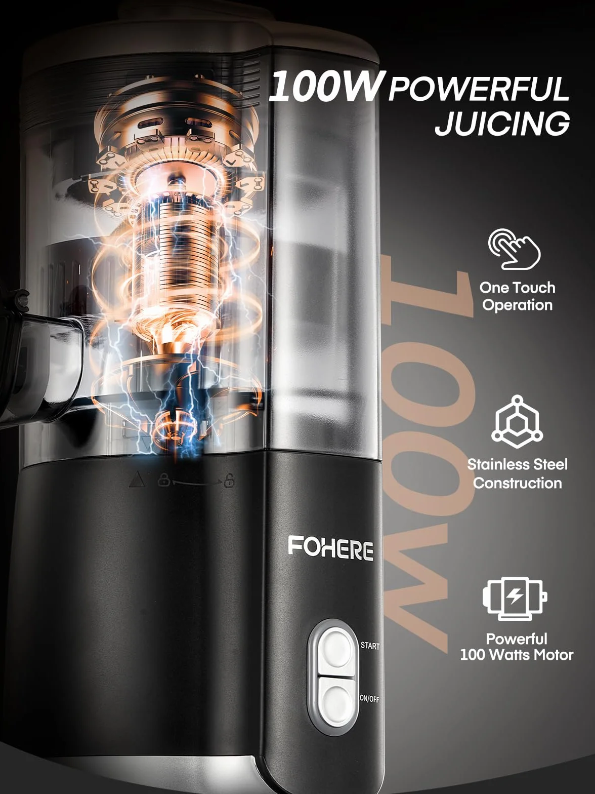 FOHERE Zitruspresse Elektrisch, Automatische Saftpresse Elektrisch Orangenpresse Mit 100 W Leiser Motor, BPA-frei, 2 Presskegeln für Zitrone,Apfel,Trauben und Granatäpfel, Schwarz
