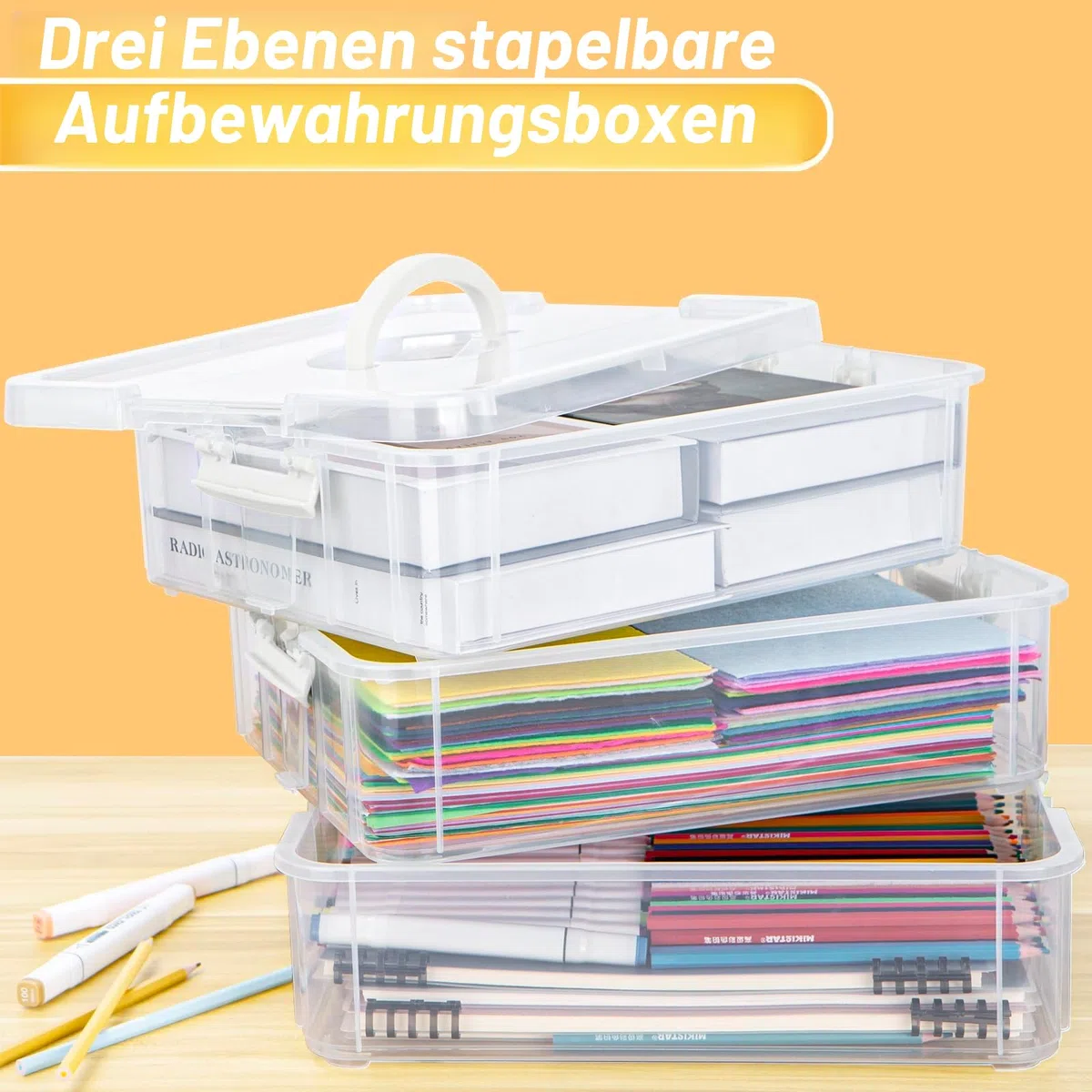 Creahaus 3-Stöckige Aufbewahrungsbox mit Deckel, Stapelbare Aufbewahrungsboxen für Bastelmaterial, Nähkasten, Sortierbox (weiß)