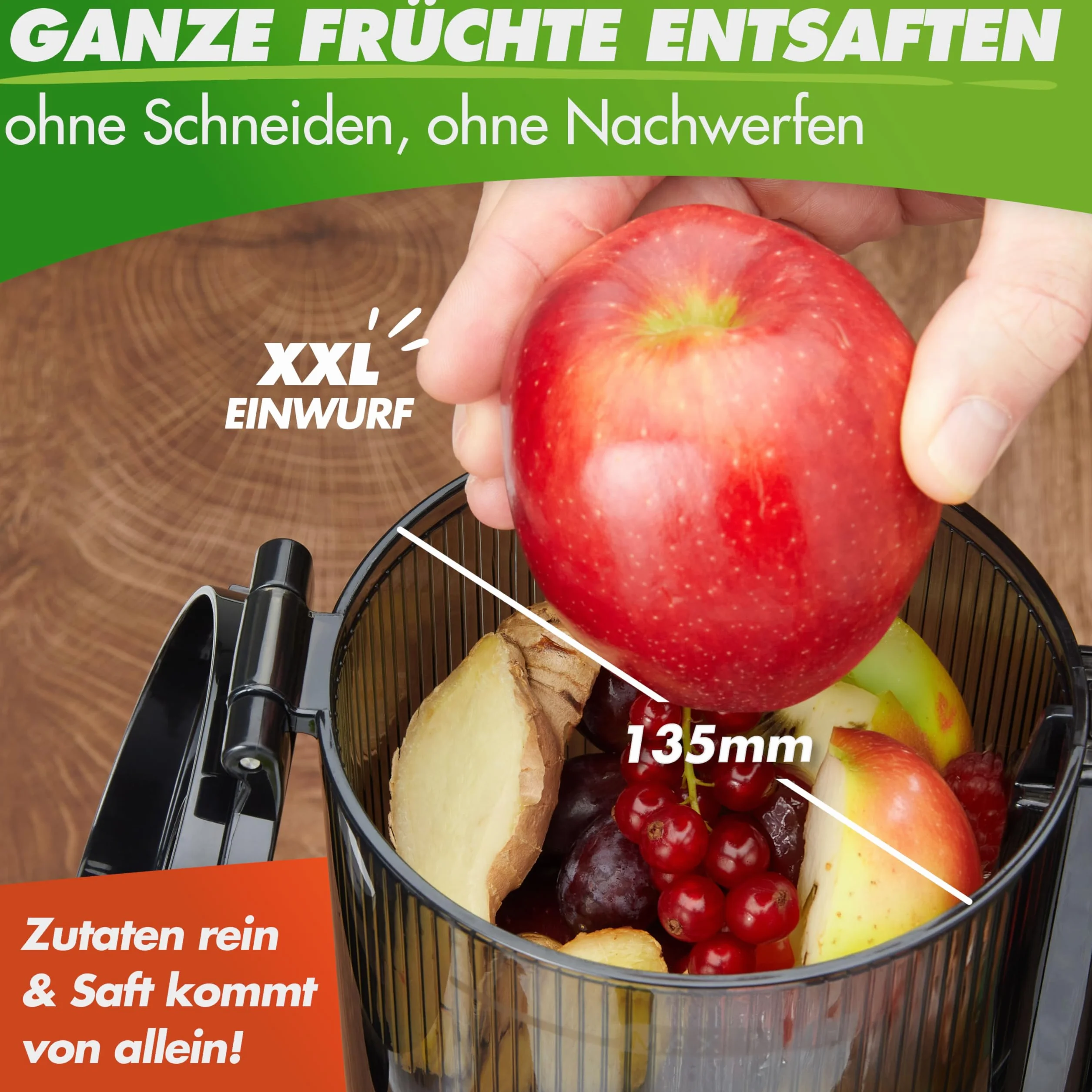 Nutrilovers Slow Juicer NUTRI-PRESS MAX Ganze Früchte entsaften Entsafter mit XXL 135 mm Öffnung, BPA-frei inkl. Saft-Flasche, Slow Juice Rezeptbuch
