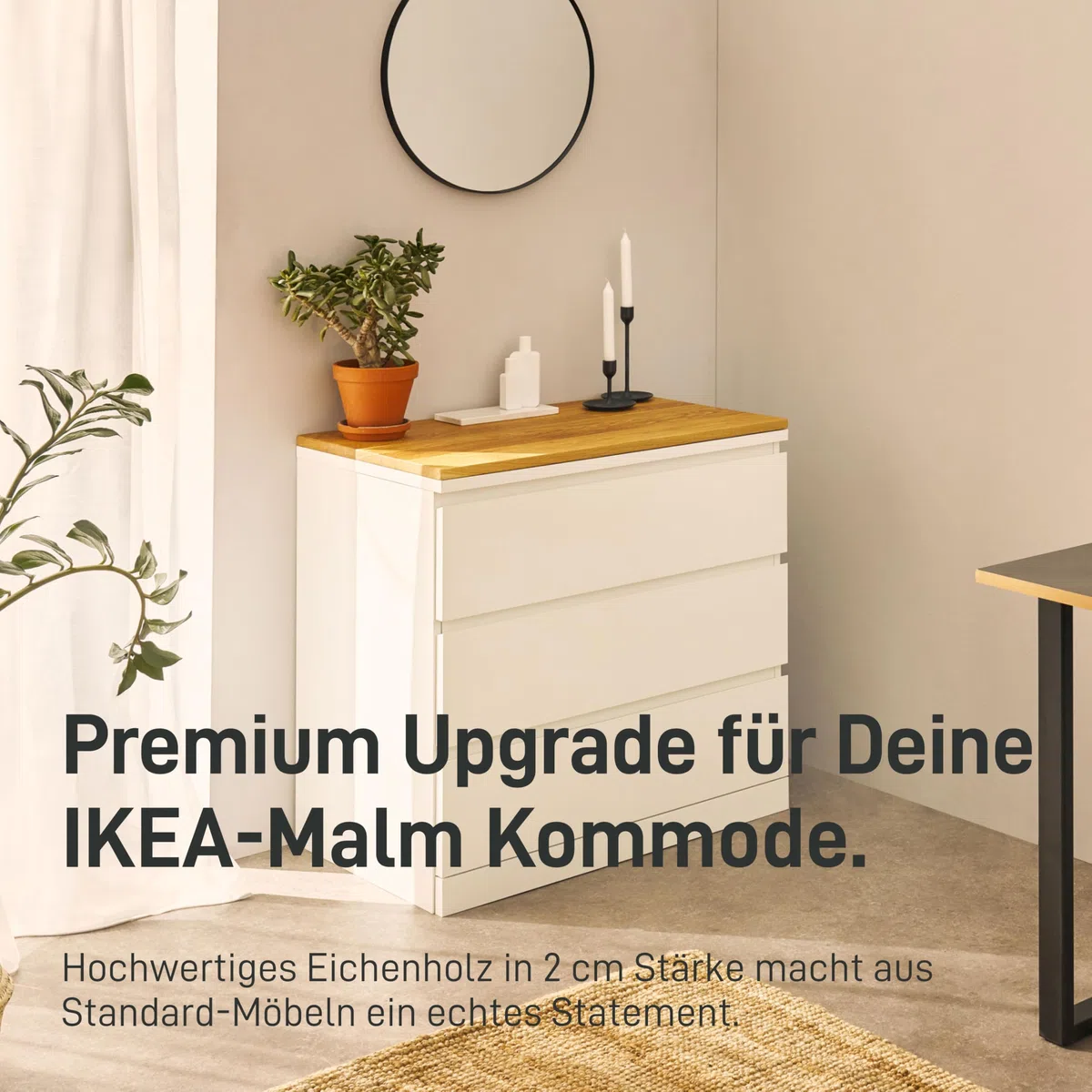 Natural Goods Berlin 1x Malm Deckplatte Eiche - I K E A Upcycling - 2 cm Starke Malm Holzplatte passgenau mit Antirutschfunktion - Holzbrett Eiche massiv - DIY Fensterbrett Eiche Brett 80 x 48 x 2 cm