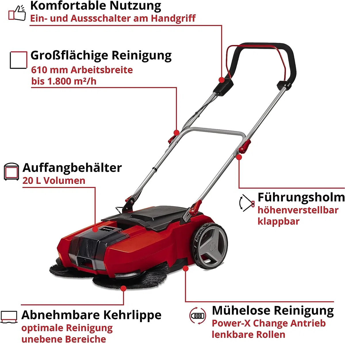 Einhell Akku-Kehrmaschine TE-SW 18/610 Li-Solo Power X-Change (18 V, Li-Ion, 20 L Schmutzbehälter, 61 cm Arbeitsbreite, Parkposition, verstellbarer Lenker, abnehmbare Lippe, Ein-und Ausschalter)