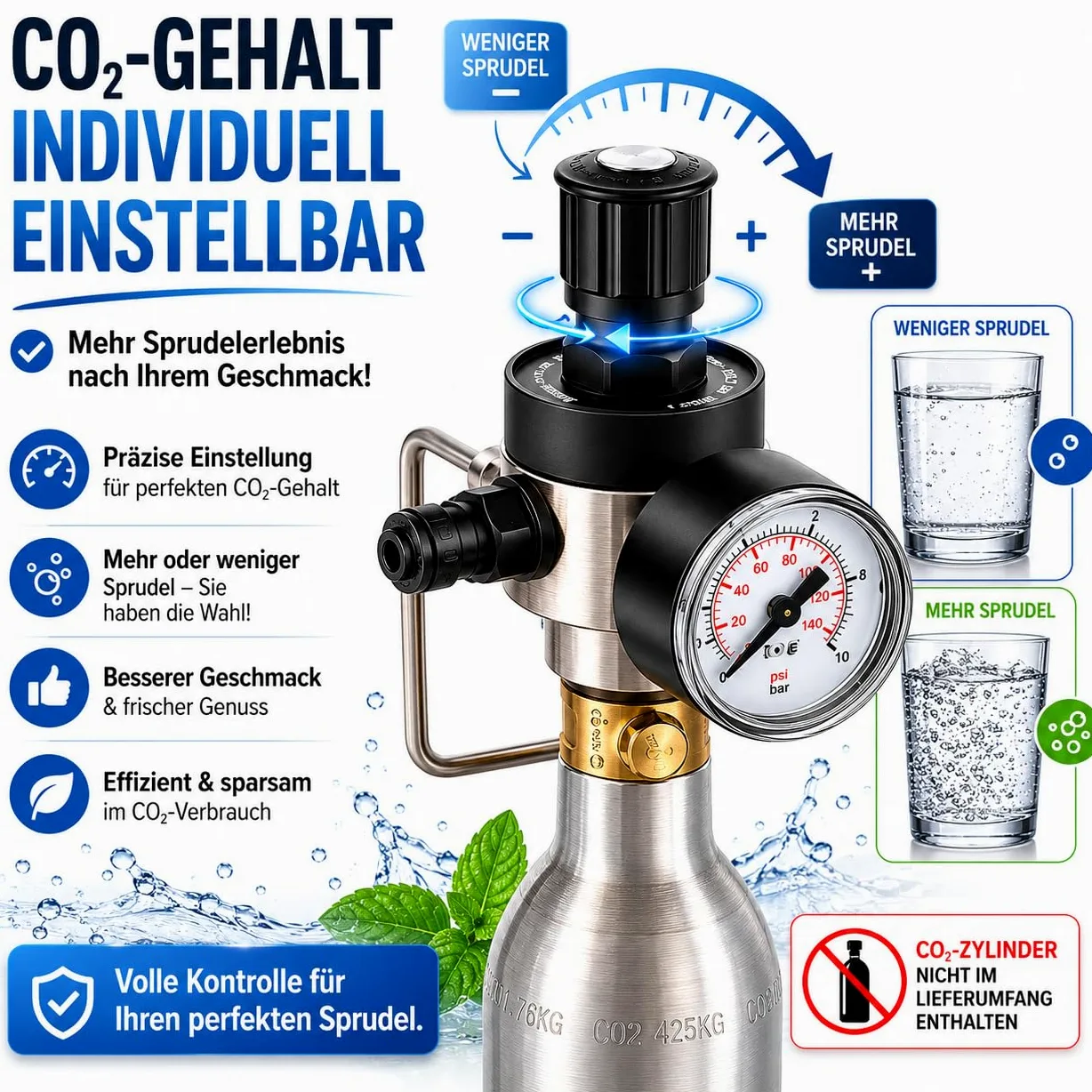SPRUDELUX CO2 Druckminderer zur Verwendung handelsüblichen 425g CO2 Zylindern geeignet für Quooker Cube System 1. & 2. Generation - Wassersprudler Sprudelsystem Sprudelgerät Sprudler. Made in Italy