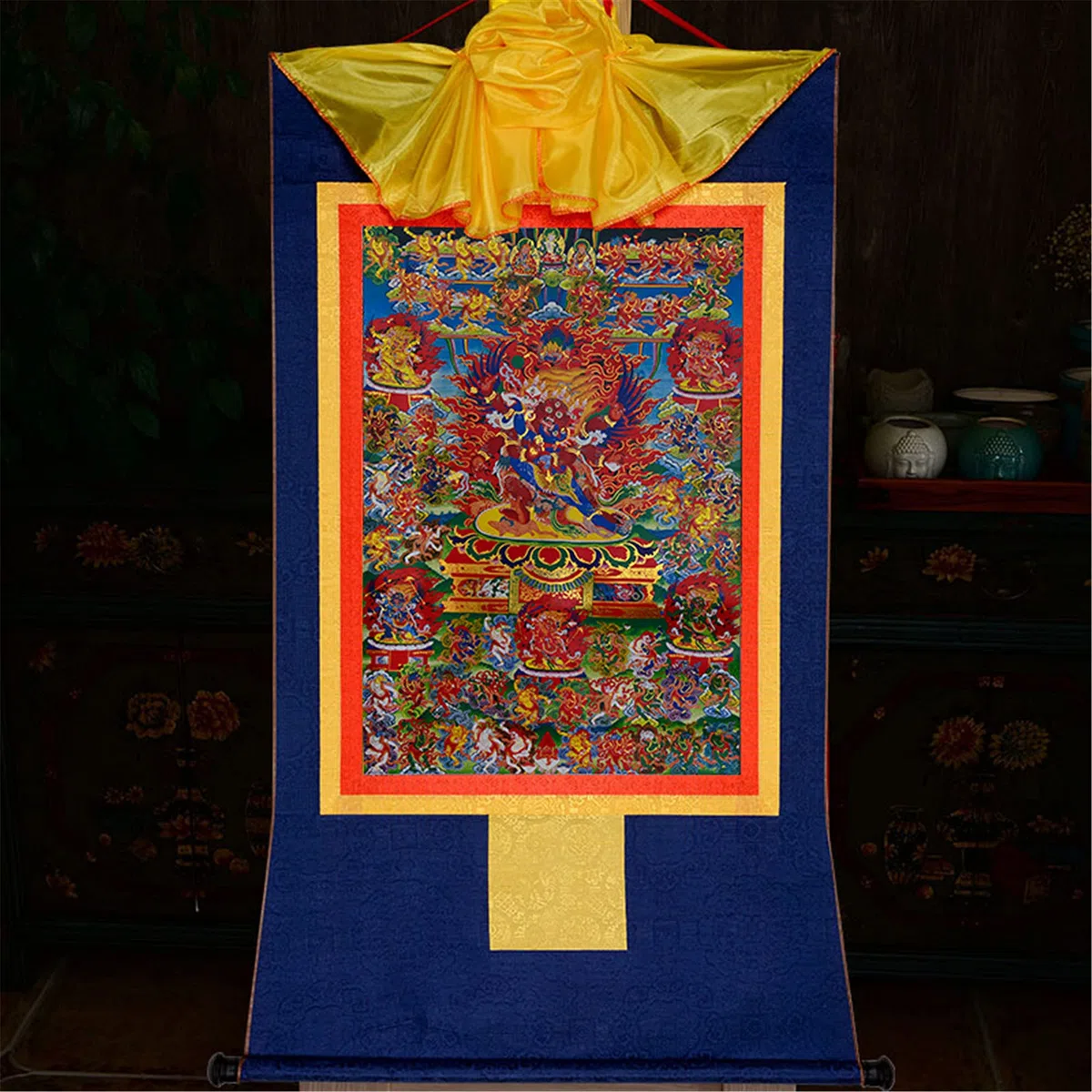 Tibetisches Thangka, Thangka-Malerei, buddhistischer Wandteppich, Zornige Gottheiten des Bardo Thodol (Tibetanisches Totenbuch), Malereikunst, buddhistischer Thangka-Brokat, Buddha-Wandteppich(Blue,Sm