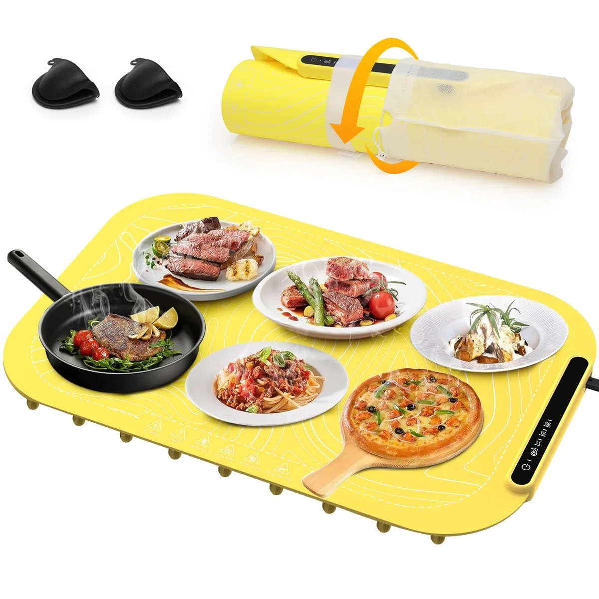 Elektrisches Warmhalte-Tablett für Lebensmittel, Vollflächige Heizung Speisenwärmematte, Rollbare & Tragbare Speisenwärmer, Speisenwärmer für Partys Buffet, Warmhalteschalen für Buffets Party (Yellow)