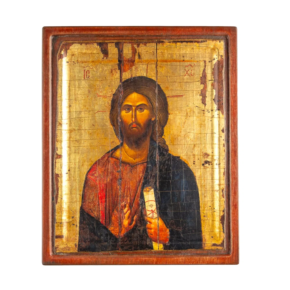 VATOPEDI MONASTERY Jesus Christus, 13. Jahrhundert, geprägte, gealterte Holzikon auf Leinwand mit goldenem Hintergrund vom Berg Athos