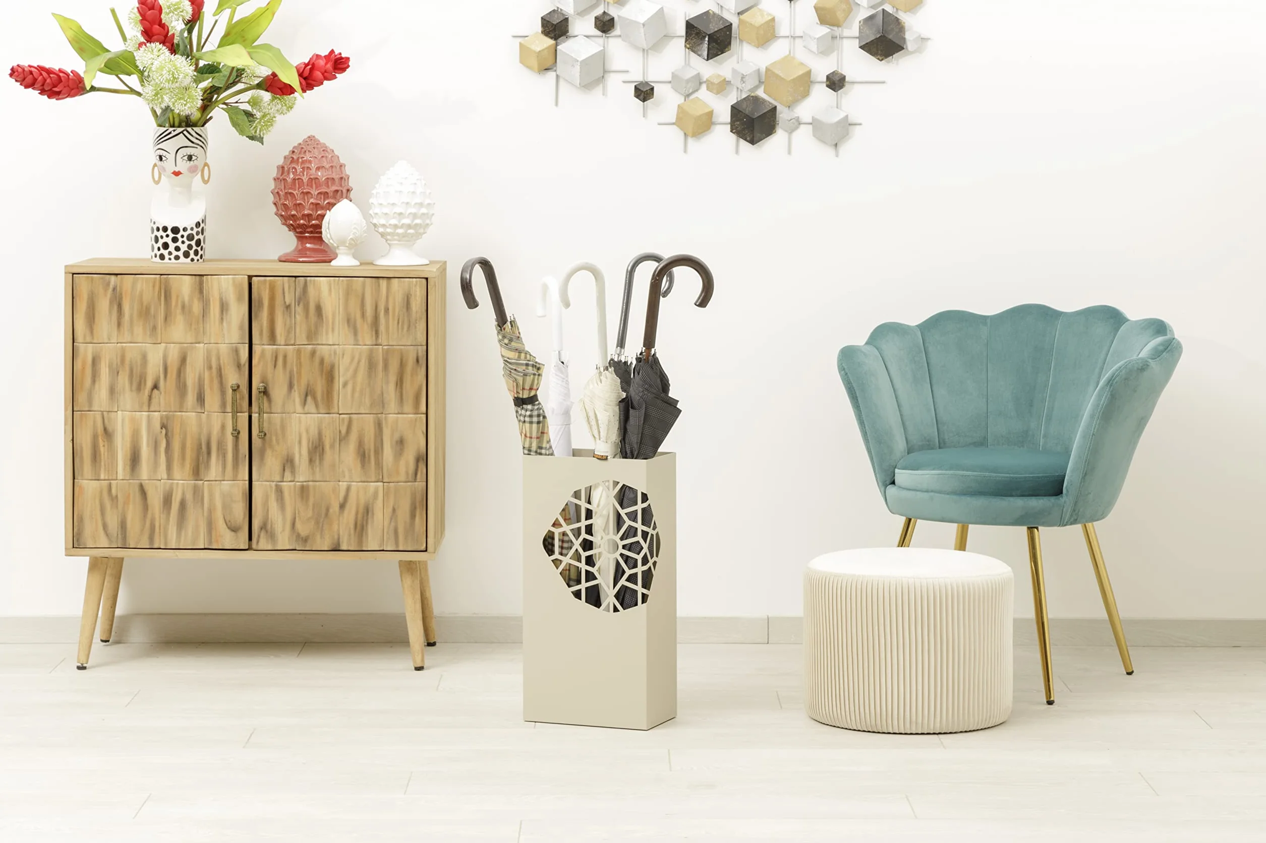 Baroni Home Modernes Design Schirmständer aus Metall, quadratisch, 2 Innenhänger, abnehmbarer Regenwasserschale, Taupengrau, 25x15x50 cm