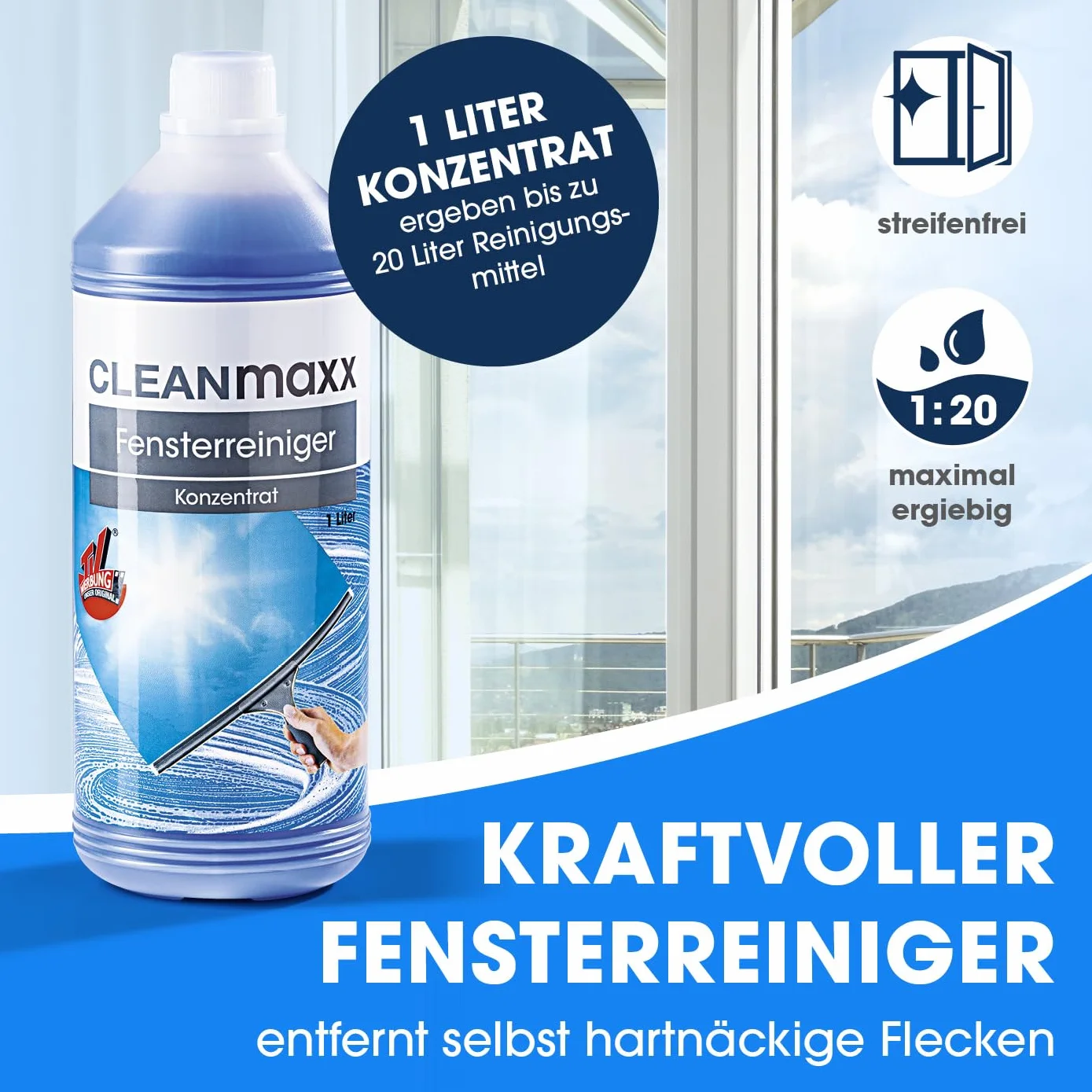 CLEANmaxx Fensterreiniger Set | 7-TLG. Fensterputzer Set für Oberflächen in Haus & Auto - inklusive Fensterabzieher, Fensterwischer, Reiniger, Wischtuch, Eimer und Halterungen für Wischer & Abzieher