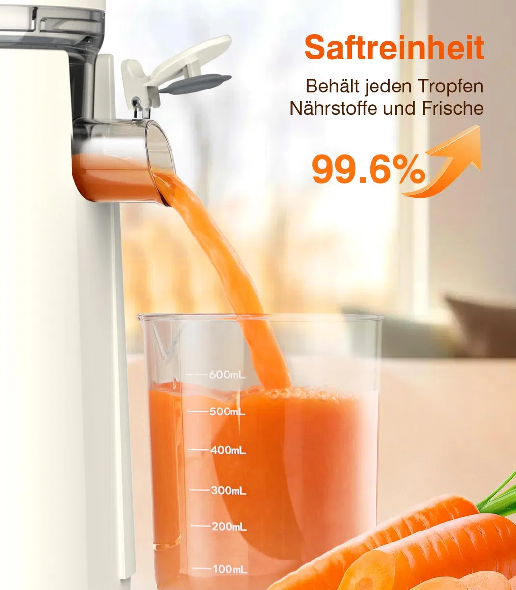 Zasmira Entsafter Slow Juicer mit hohem Drehmoment und 120MM-Einfüllschacht, Kein Vorschneiden entsafter für gemüse und obst, 99,6% Saftreinheit, 1,5L, REV-Modus, einfacher zu reinigen, Reinweiß