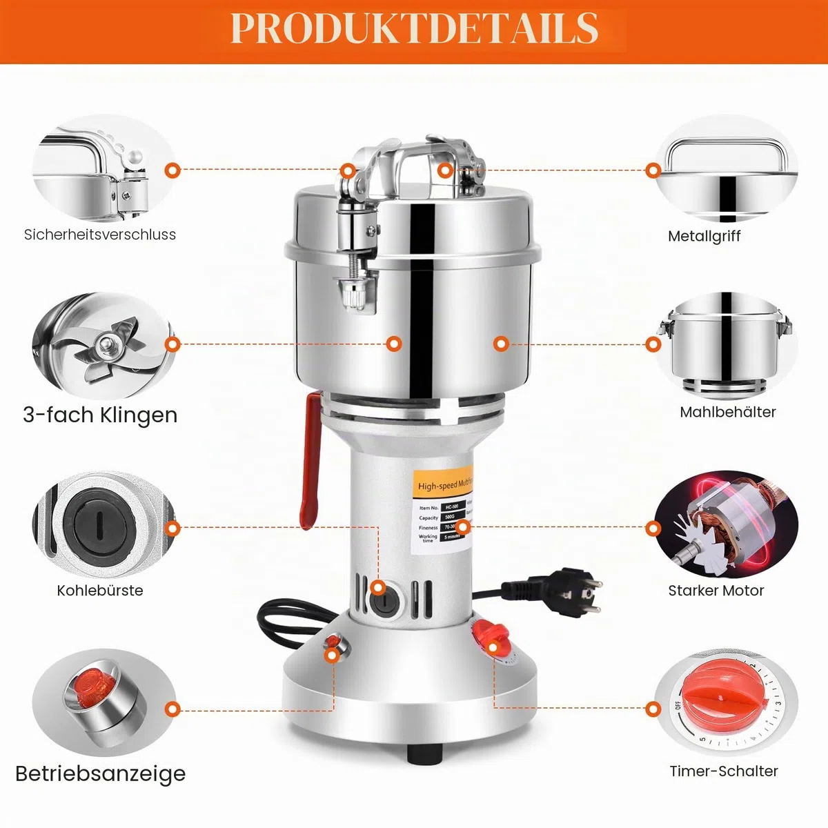 Getreidemühle Elektrisch, 500g Elektrische Getreidemühle Edelstahl Mühle mit 28000rpm Starker Motor High Speed, Mühle Elektrisch 30s Feinmahlung für Küchengetreide Gewürz Mais