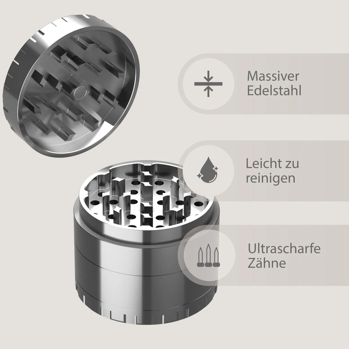 Bloomint Edelstahl Grinder 55mm, 4-teiliger Metall-Grinder für Kräuter, Gewürze und Herb