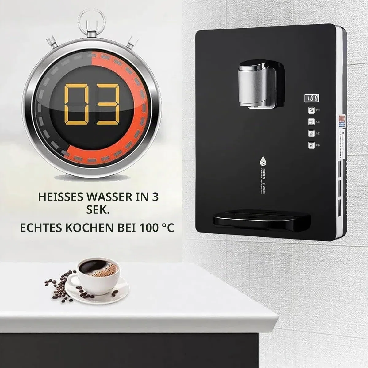 An der Wand montierter, netzgespeister Wasserspender, intelligenter Trinkwasserspender mit doppelter Temperaturregelung, 30 l/h Haushaltswasserkessel, drei Sekunden schnelles Aufheizen(Black)