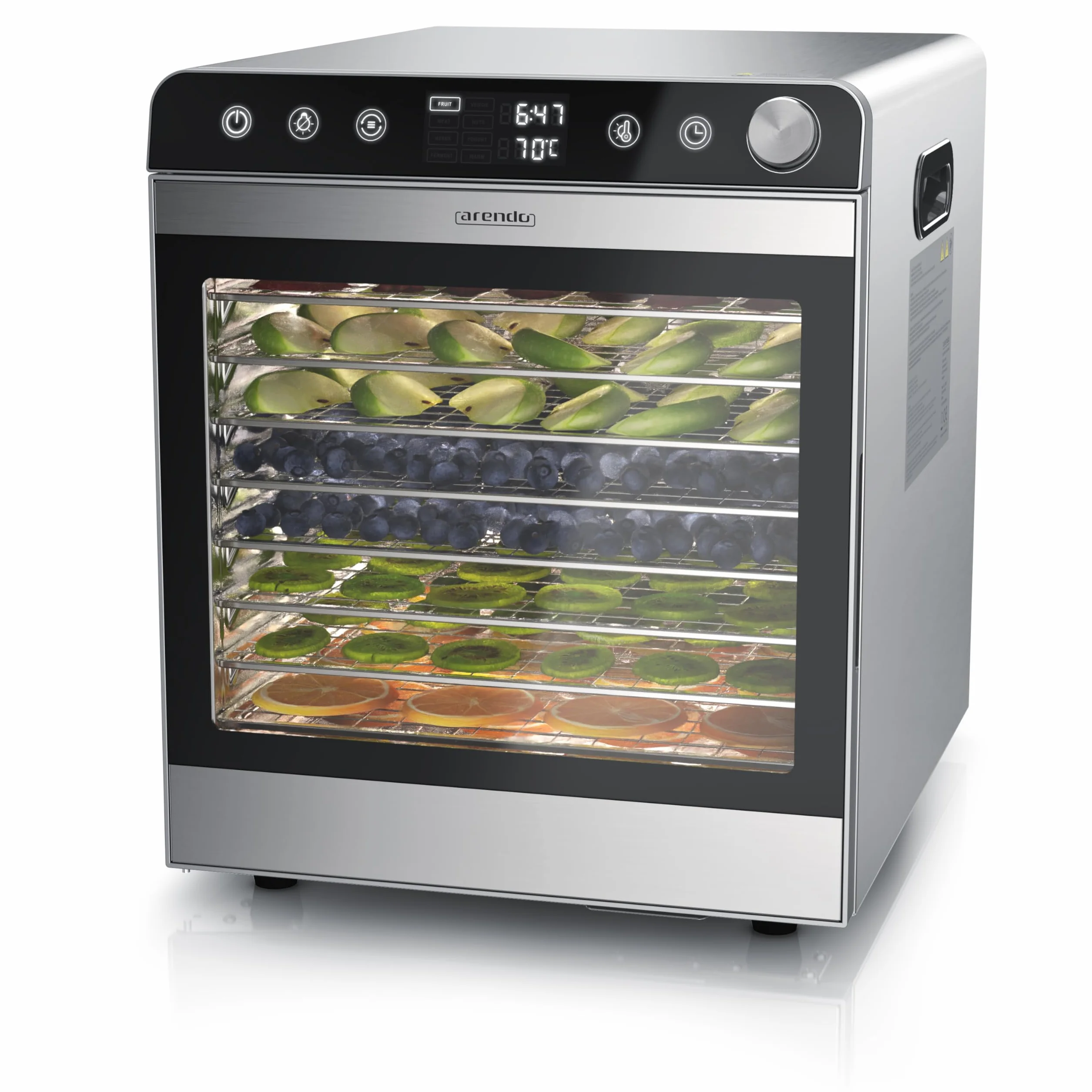 Arendo - Dörrautomat Edelstahl mit 10 Edelstahlgitter - 8400 cm² - Dörrgerät Dehydrator Obsttrockner Dörrapparat - Obst Fleisch Pilze uvm