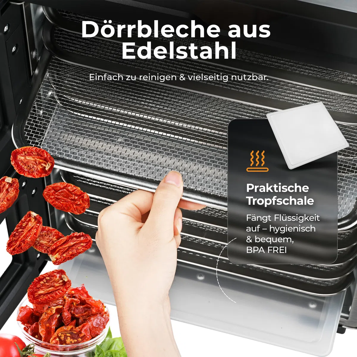 Balter Dörrautomat Edelstahl, Dörrgerät mit 7 Einlegefächern, BPA-frei, 600 W, 35°–75°C, Timer bis 48 Std, Dehydrator, Obsttrockner, Dörrapparat, Warmhaltefunktion, Obst Fleisch Pilze, Rezeptbuch