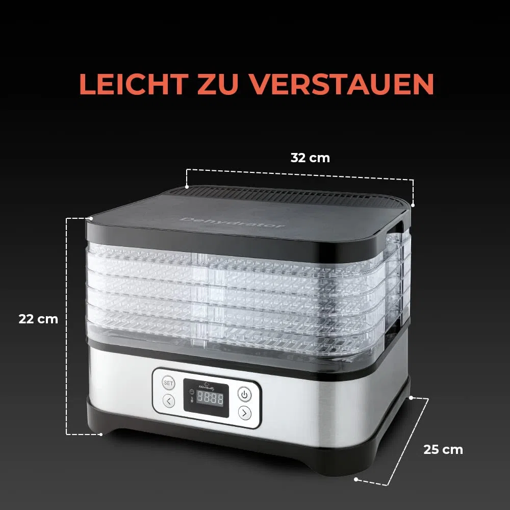 Dörrautomat | Elektrischer Obst-, Fleisch- & Kräutertrockner | 5 Einlegeböden | Timer & Überhitzungsschutz | Gesunde Snacks ohne Zusatzstoffe | 260 Watt Leistung