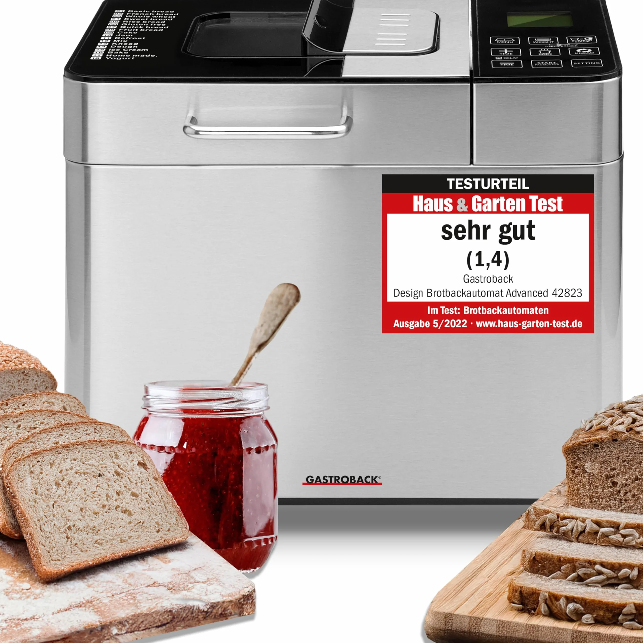GASTROBACK Brotbackautomat Advance - Vollautomatische Brotbackmaschine + 18 Programmen inkl. Joghurtmaschine, Timer-Funktion, Zutatenfach, Sichtfenster, Brotautomat / Backmaschine in Edelstahl Optik