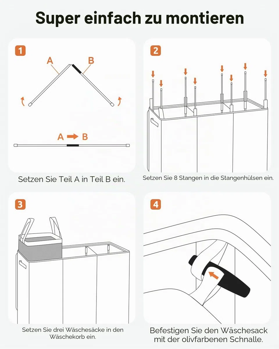 SOLEDI 180L Wäschekorb, Wäschesammler mit Deckel, 3 Fächer und 3 Wäschesack - Großer XXXL Wäschesortierer für Badezimmer, Schlafzimmer, Wäschekammer, Kinderzimmer - 3 x 60L
