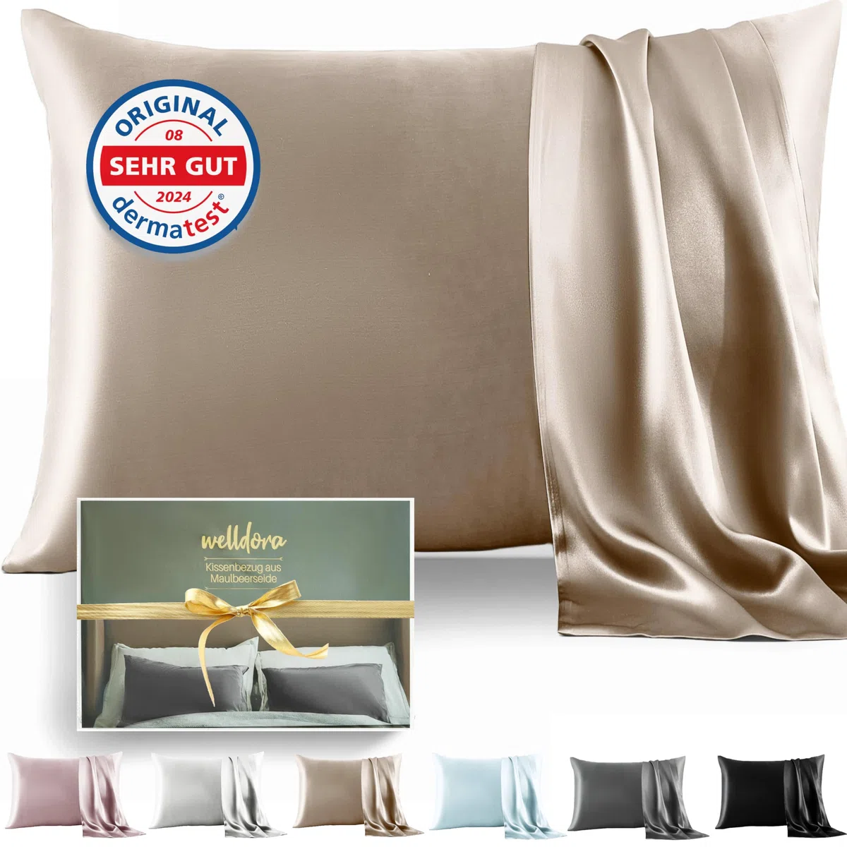 Welldora Kissenbezug aus 100% Seide 40x80 | Hohes Gewicht: 22 Momme, ideal für Haut und Haar | Höchste Güteklasse 6A | Oeko-Tex zert. in der Schweiz | Seidenkissenbezug Silk Pillowcase Beigegold