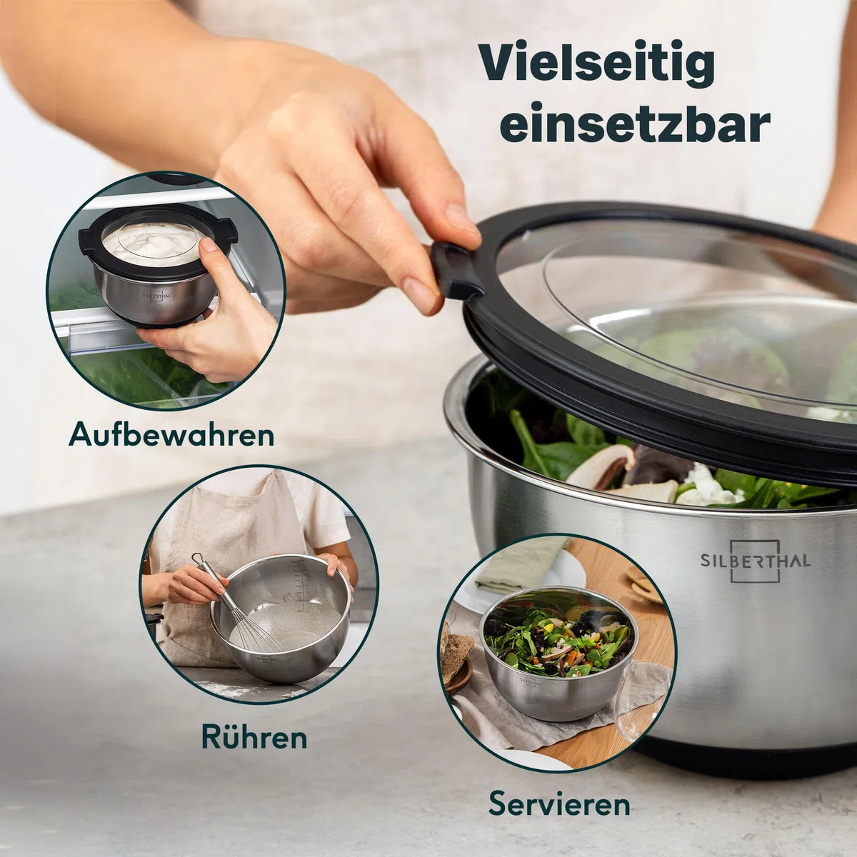 SILBERTHAL Edelstahl Schüssel 5er Set mit Deckel - Rührschüsseln zum Servieren, Kochen, Backen, Aufbewahren - Rutschfester Boden - 5 Stück