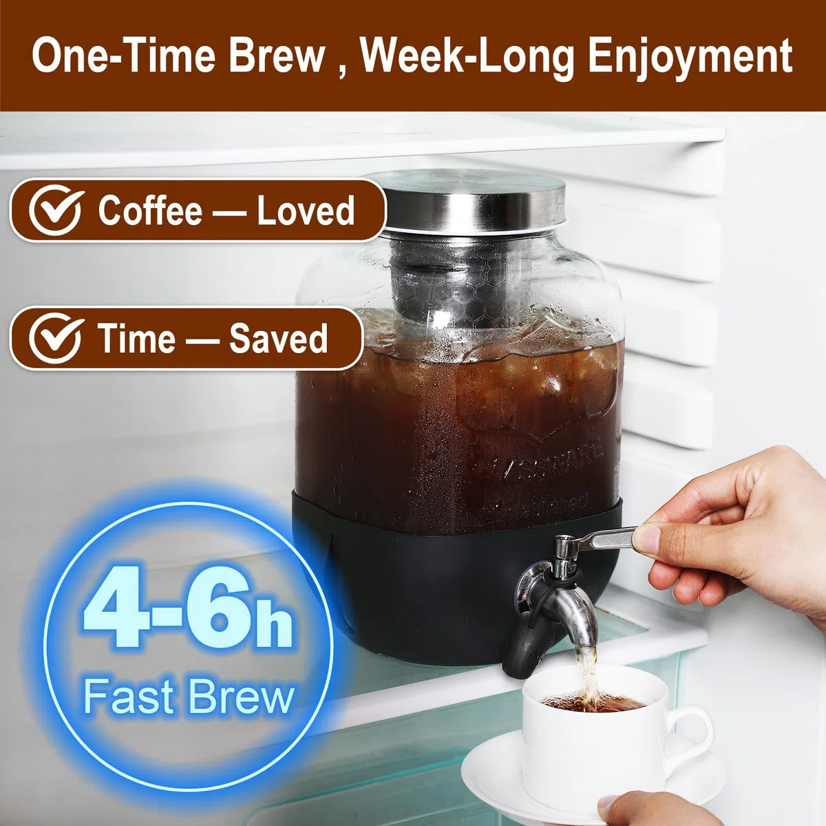Kaltgebrüh-Kaffeemaschine, 3,5 l Eiskaffeemaschine mit Edelstahlfilter, robuster Glas-Krug mit Edelstahl-Zapfhahn, Einmachglas, Kaltgebrüh-Kaffeemaschine, schneller Eisteebereiter
