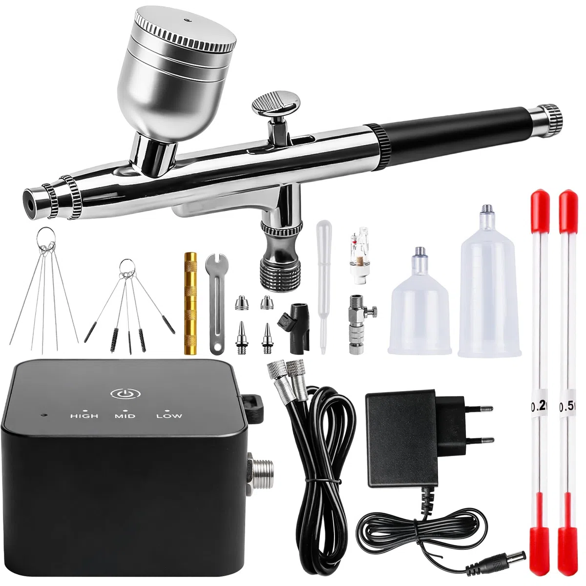 Airbrush Set mit Kompressor, 25 PSI Tragbares Airbrush-Kit Dual-Action-Airbrush-Pistole + Reinigungszubehör für Make-up, Nageldesign, Kuchendekoration, Modellbau & Tattoo-Modellierung