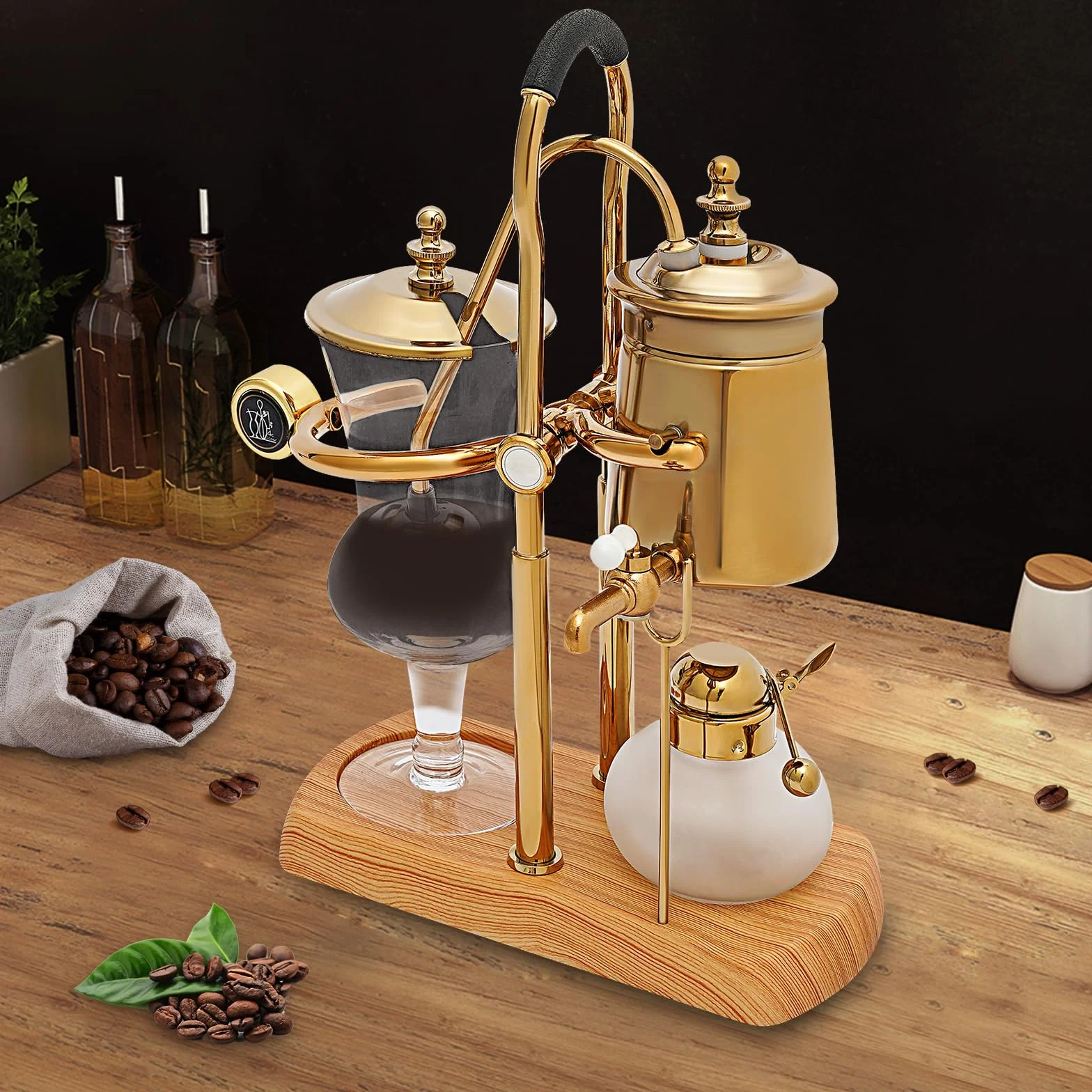Siphon Balance Kaffeemaschine, Siphon Kaffeemaschine Set, Vakuum-Kaffeebereiter, Naturholzsockel und Deckelknauf,Glas-Vakuum-Kaffeemaschine, Extraktionswerkzeuge für Handgebrühten Kaffee (Golden)