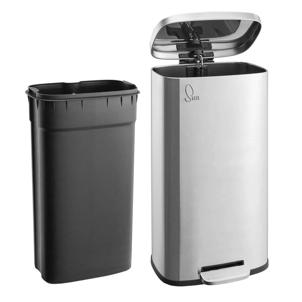 SVITA Mülleimer TQ30 silber 30L Treteimer Edelstahl Abfallbehälter Müllsammler mit Pedal Edelstahl Softclose Deckel mit Inneneimer Küchen-Eimer Abfalleimer