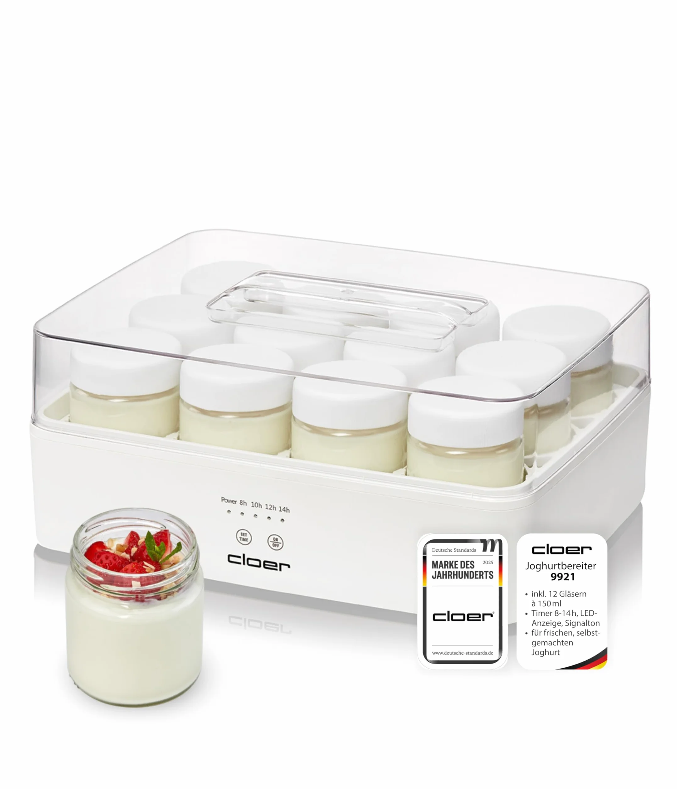 Cloer 9921 Joghurtbereiter für 12 Gläser à 150 ml, Joghurtmaschine für selbstgemachten Joghurt, Timer 8-14 h, LED-Anzeige, Signalton, Kunststoffgehäuse mit transparentem Deckel, Weiß, 17 W
